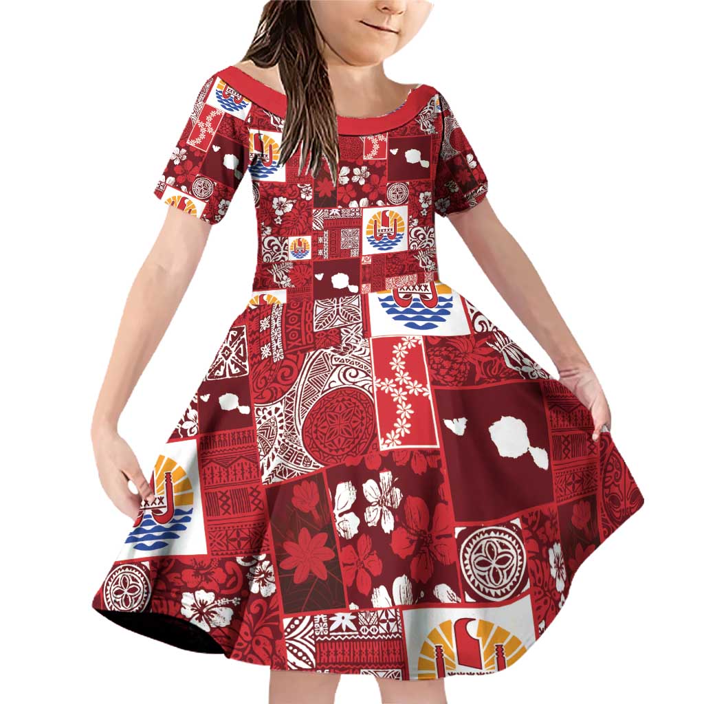 Tahiti Oaoa I Teie Noera Family Matching Off Shoulder Short Dress and Hawaiian Shirt Pacific Patchwork Xmas Vibes - Polynesian Pride