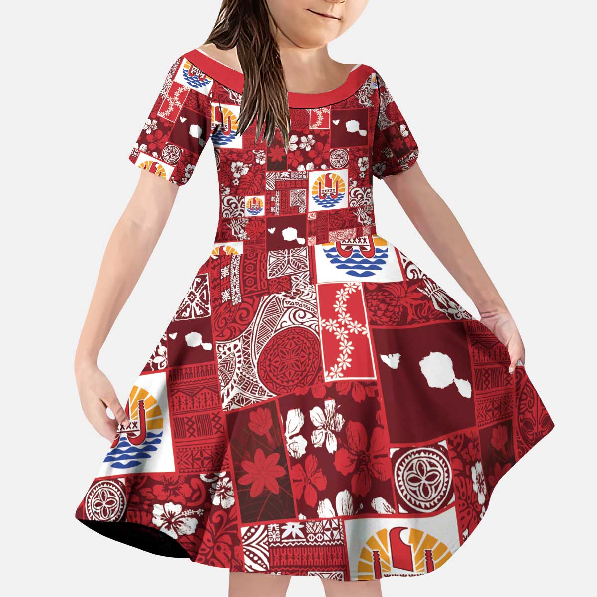 Tahiti Oaoa I Teie Noera Kid Short Sleeve Dress Pacific Patchwork Xmas Vibes - Polynesian Pride