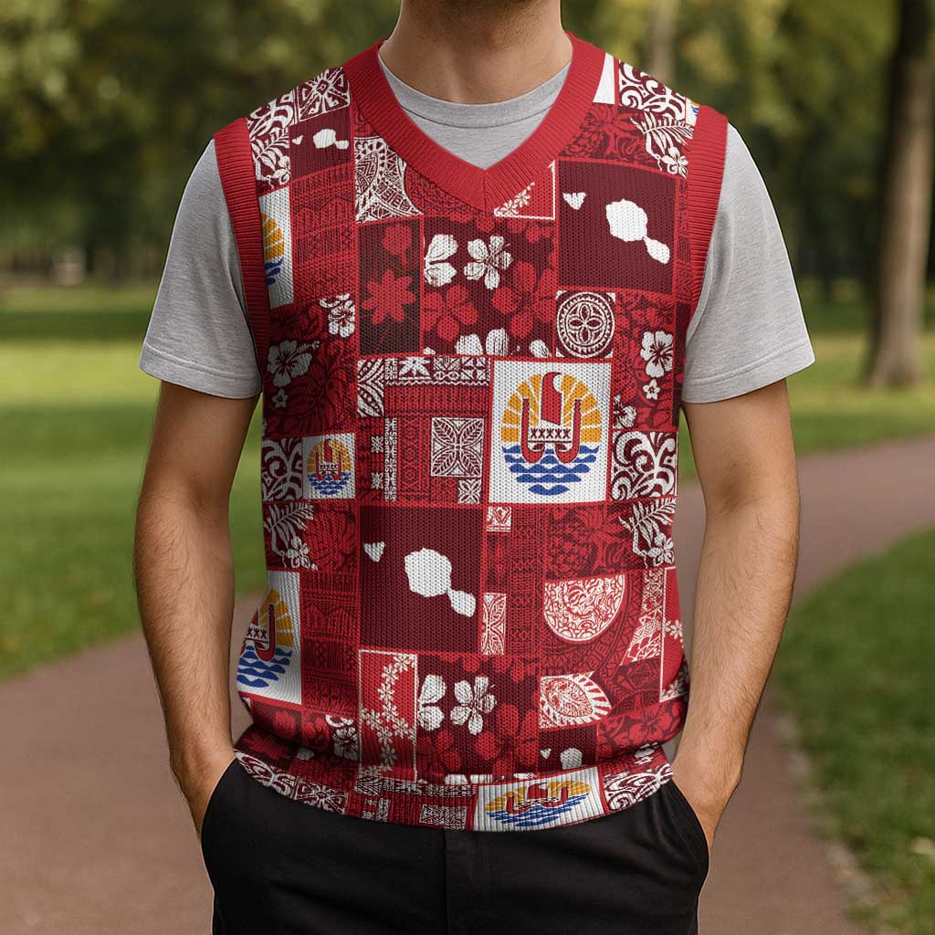 Tahiti Oaoa I Teie Noera Christmas Knitted V-Neck Vest Pacific Patchwork Xmas Vibes - Polynesian Pride