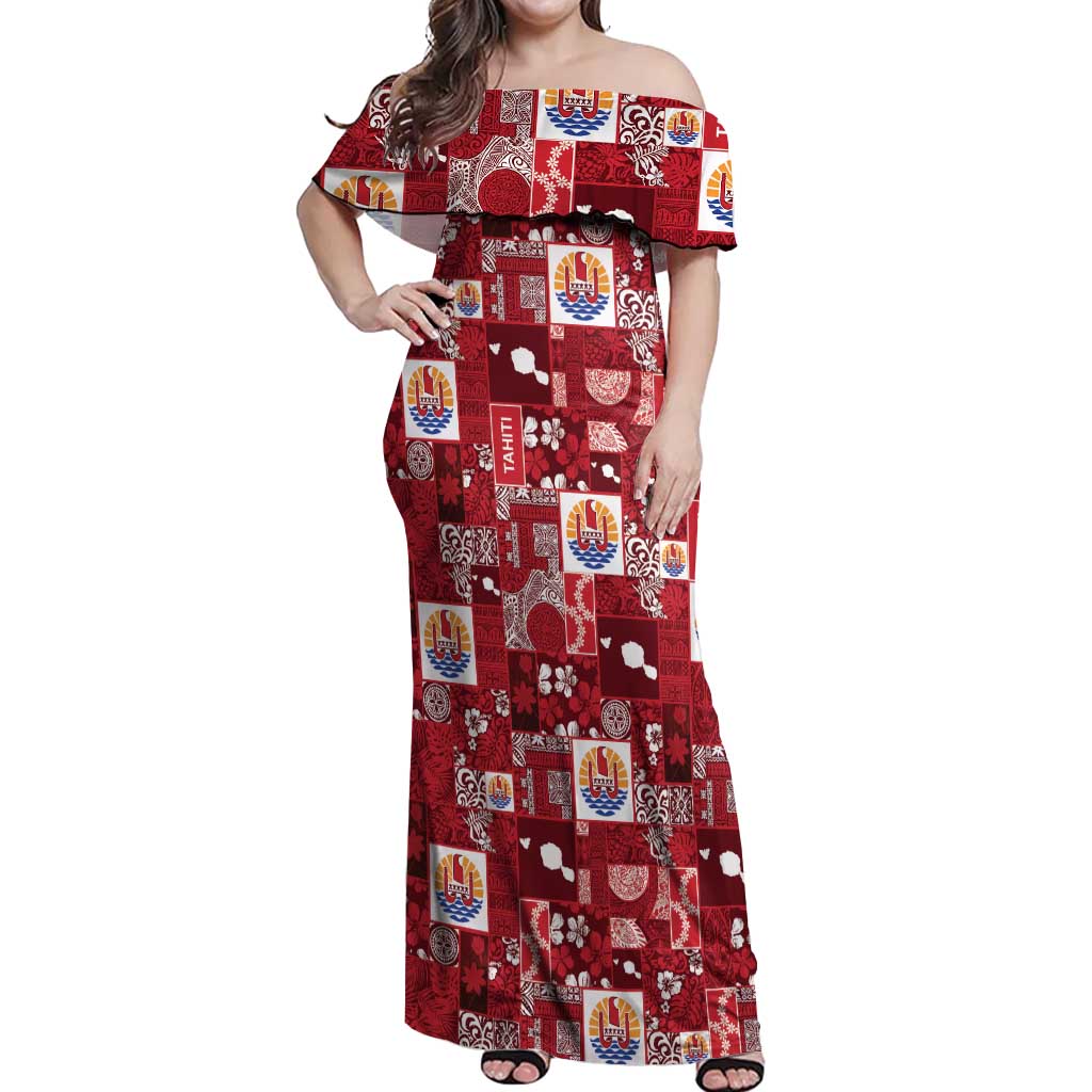 Tahiti Oaoa I Teie Noera Off Shoulder Maxi Dress Pacific Patchwork Xmas Vibes - Polynesian Pride