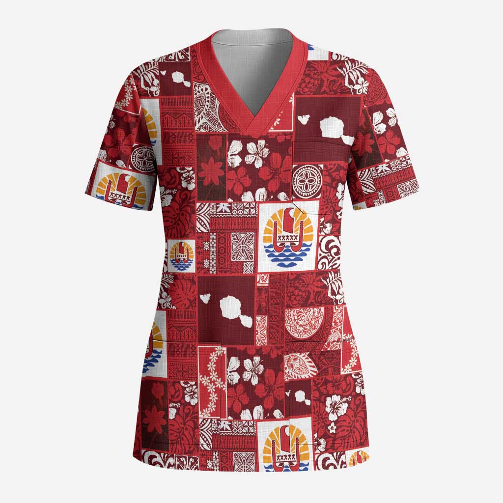 Tahiti Oaoa I Teie Noera Scrub Top Pacific Patchwork Xmas Vibes - Polynesian Pride