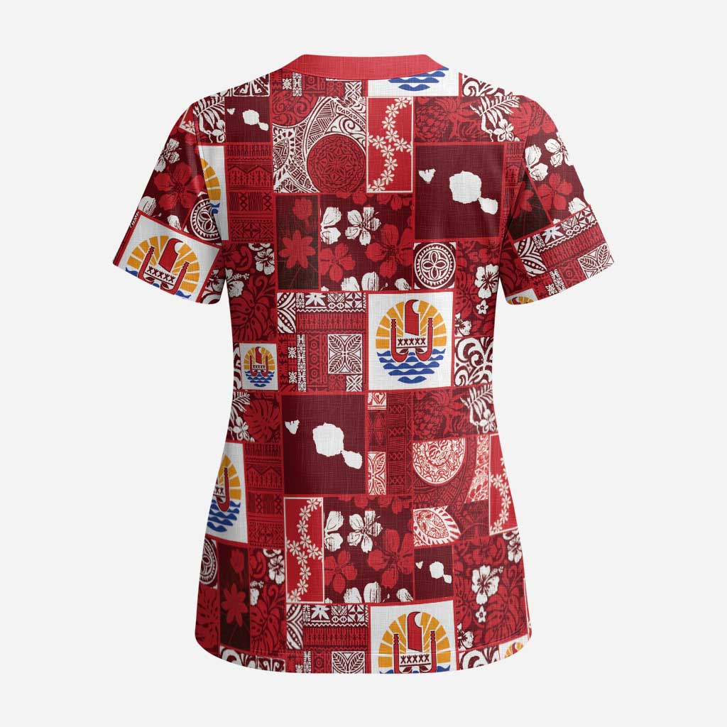 Tahiti Oaoa I Teie Noera Scrub Top Pacific Patchwork Xmas Vibes - Polynesian Pride