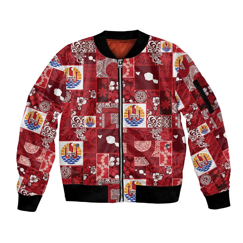 Tahiti Oaoa I Teie Noera Sleeve Zip Bomber Jacket Pacific Patchwork Xmas Vibes - Polynesian Pride