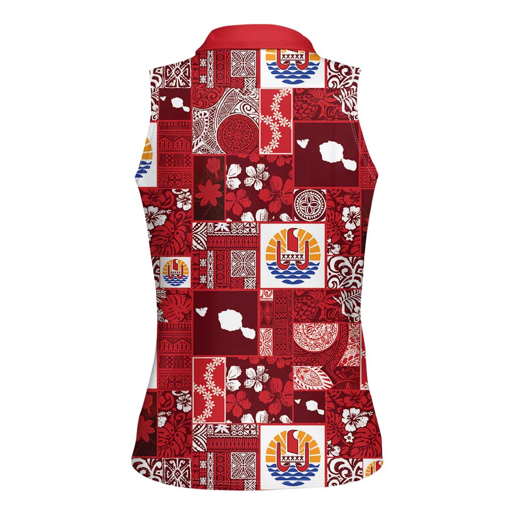 Tahiti Oaoa I Teie Noera Women Sleeveless Polo Shirt Pacific Patchwork Xmas Vibes - Polynesian Pride