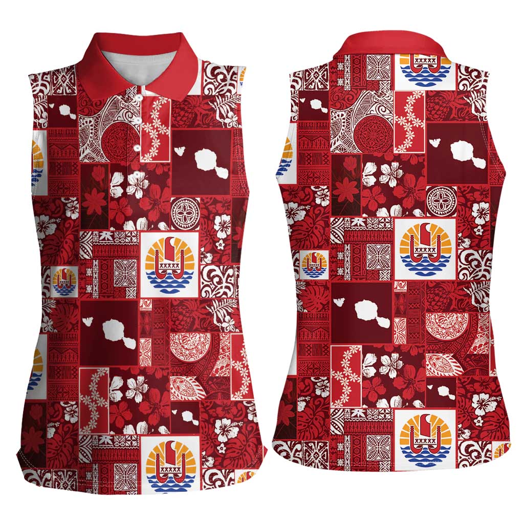 Tahiti Oaoa I Teie Noera Women Sleeveless Polo Shirt Pacific Patchwork Xmas Vibes - Polynesian Pride