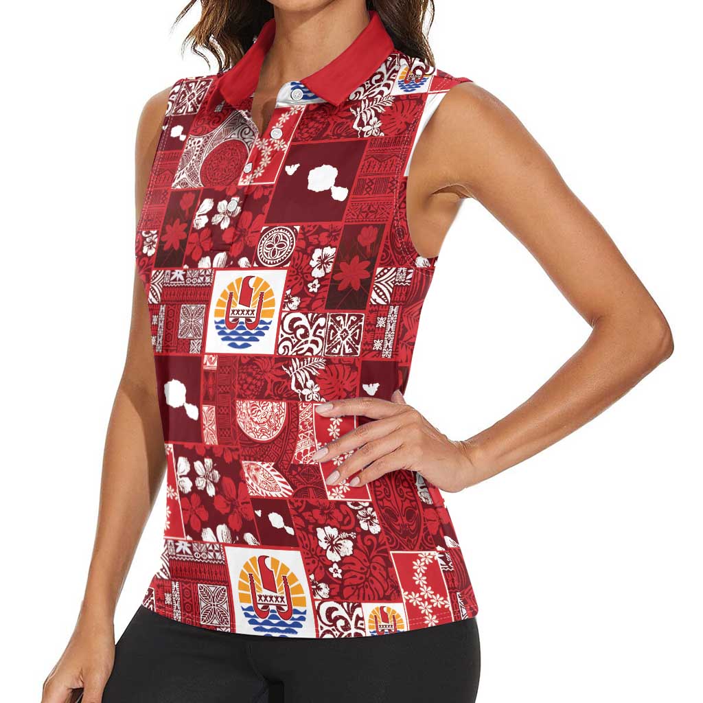 Tahiti Oaoa I Teie Noera Women Sleeveless Polo Shirt Pacific Patchwork Xmas Vibes - Polynesian Pride