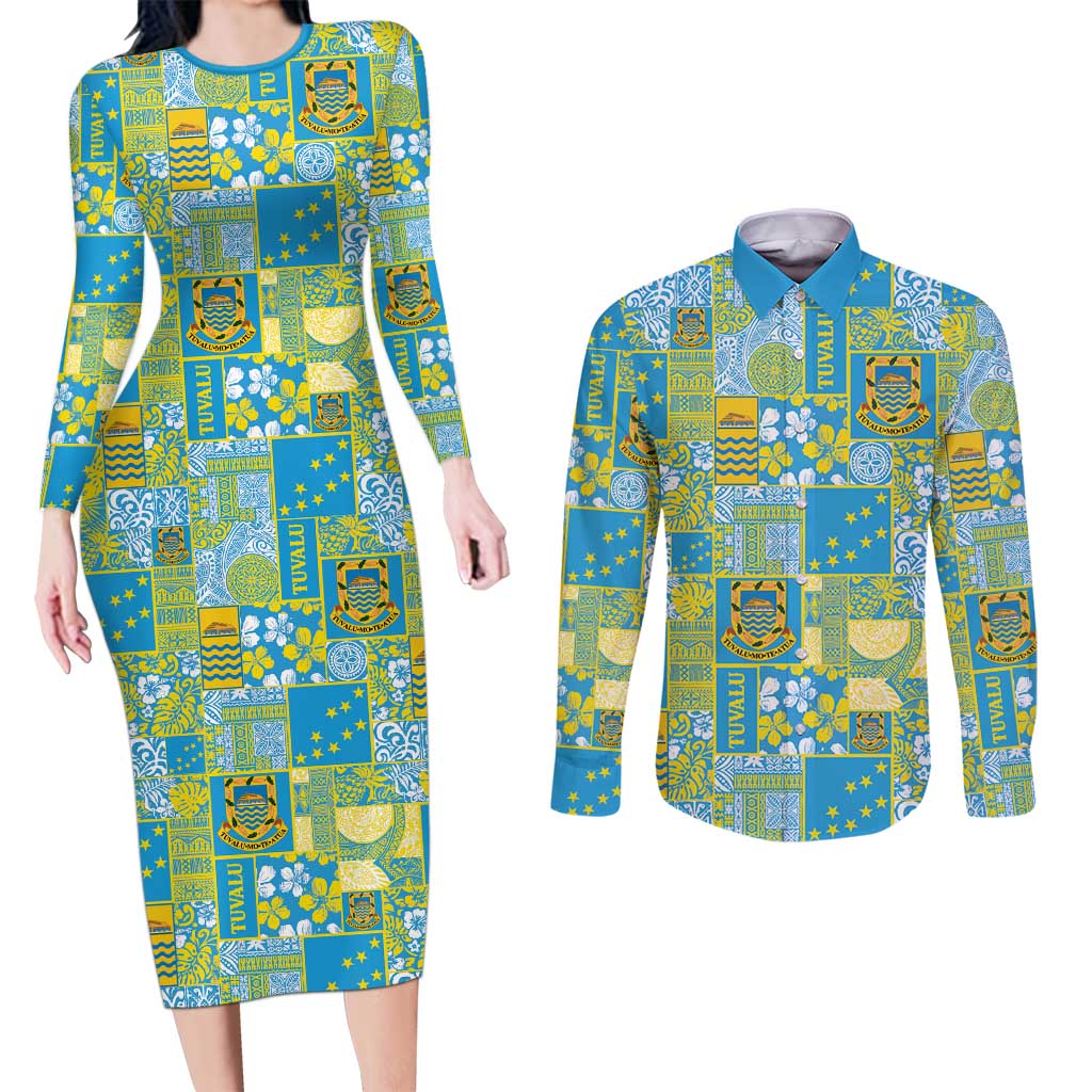 Tuvalu Manuia te Kilisimasi Couples Matching Long Sleeve Bodycon Dress and Long Sleeve Button Shirt Pacific Patchwork Xmas Vibes - Polynesian Pride