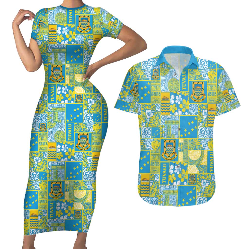 Tuvalu Manuia te Kilisimasi Couples Matching Short Sleeve Bodycon Dress and Hawaiian Shirt Pacific Patchwork Xmas Vibes - Polynesian Pride