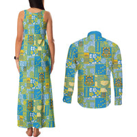 Tuvalu Manuia te Kilisimasi Couples Matching Tank Maxi Dress and Long Sleeve Button Shirt Pacific Patchwork Xmas Vibes - Polynesian Pride