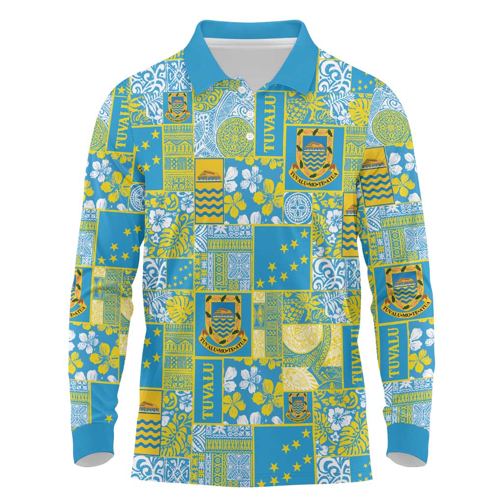 Tuvalu Manuia te Kilisimasi Long Sleeve Polo Shirt Pacific Patchwork Xmas Vibes - Polynesian Pride