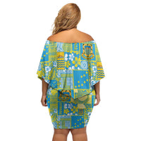 Tuvalu Manuia te Kilisimasi Off Shoulder Short Dress Pacific Patchwork Xmas Vibes - Polynesian Pride