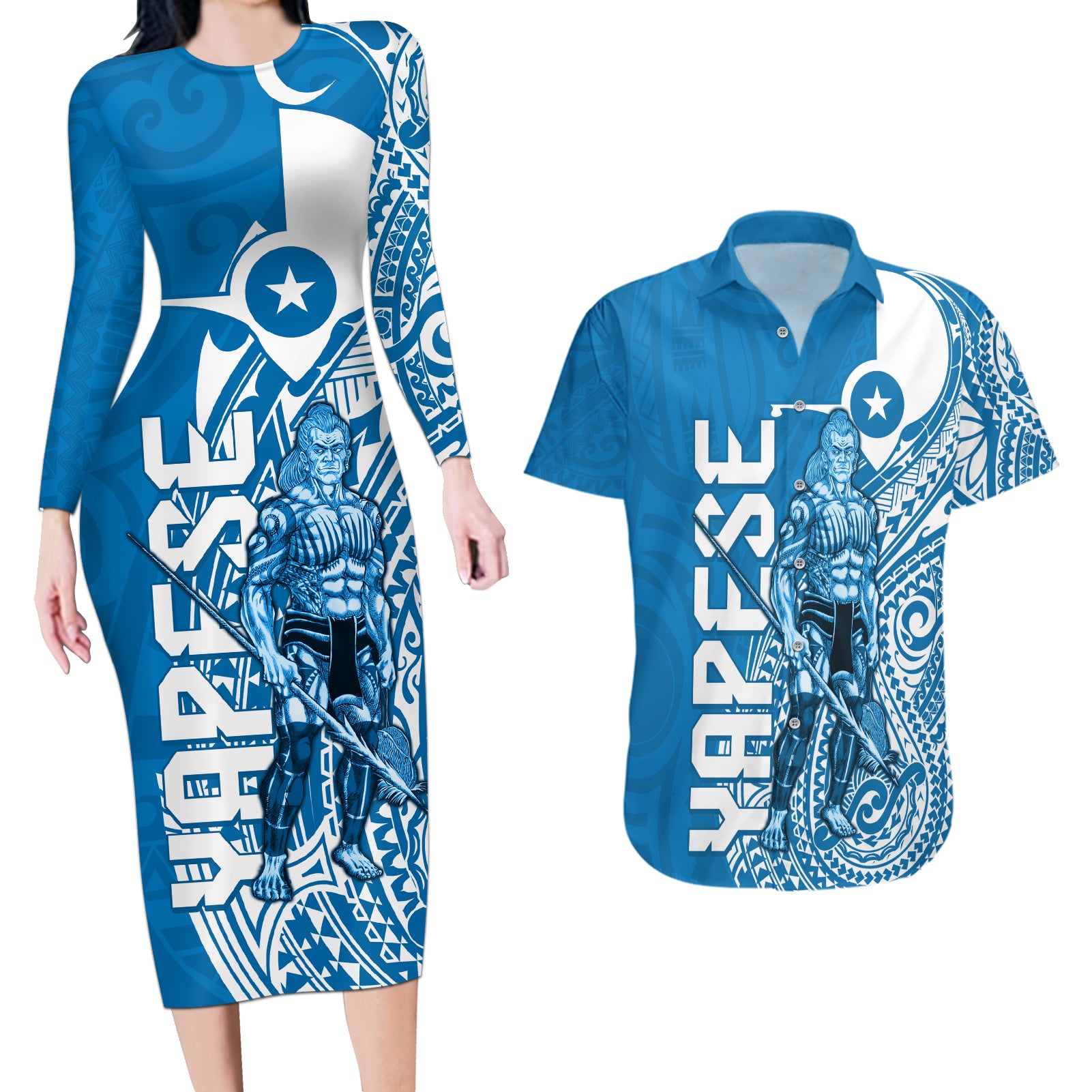 Yap Day 1 March Couples Matching Long Sleeve Bodycon Dress and Hawaiian Shirt Micronesia Yapese Warrior LT9 Blue - Polynesian Pride