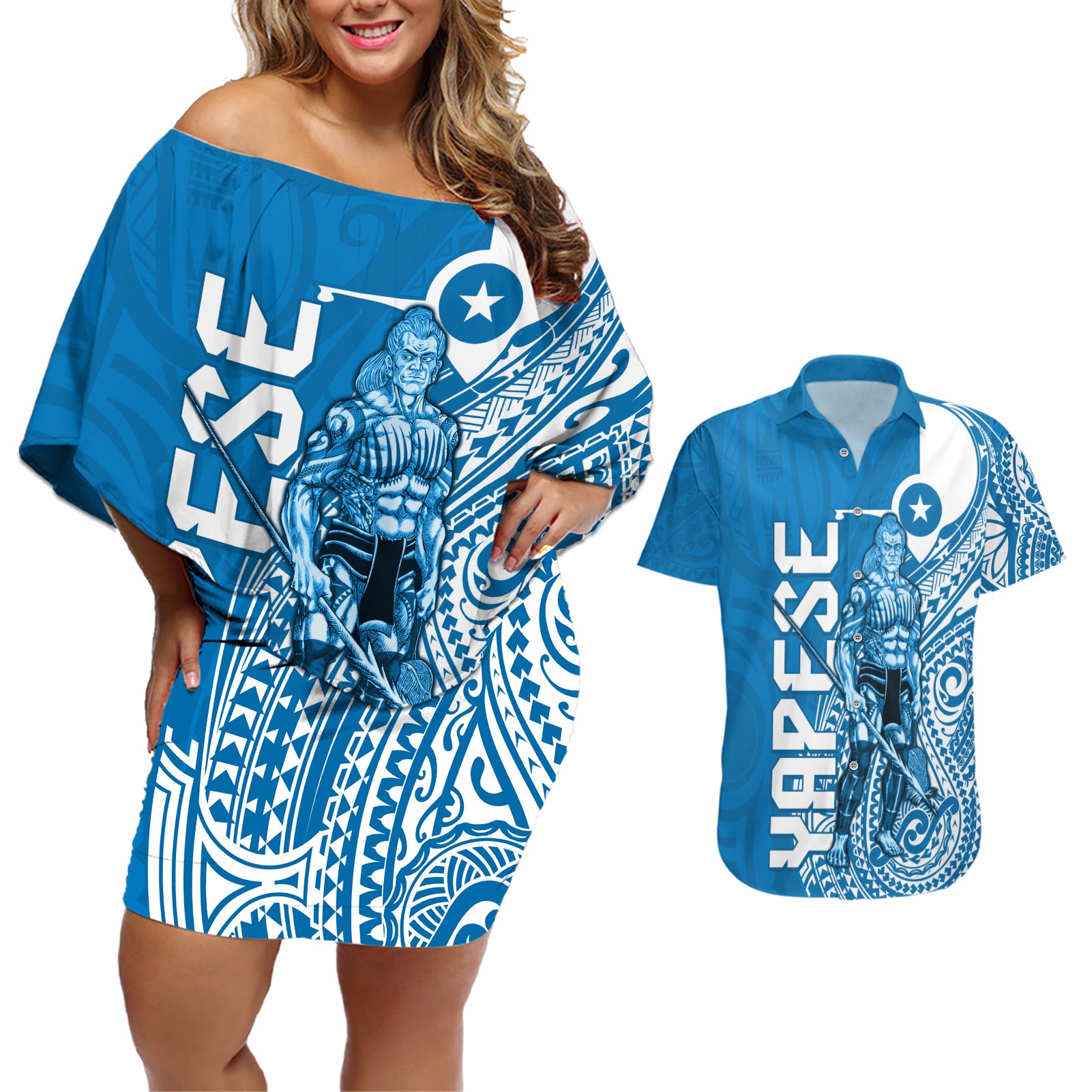 Yap Day 1 March Couples Matching Off Shoulder Short Dress and Hawaiian Shirt Micronesia Yapese Warrior LT9 Blue - Polynesian Pride