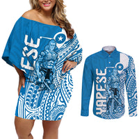 Yap Day 1 March Couples Matching Off Shoulder Short Dress and Long Sleeve Button Shirt Micronesia Yapese Warrior LT9 Blue - Polynesian Pride