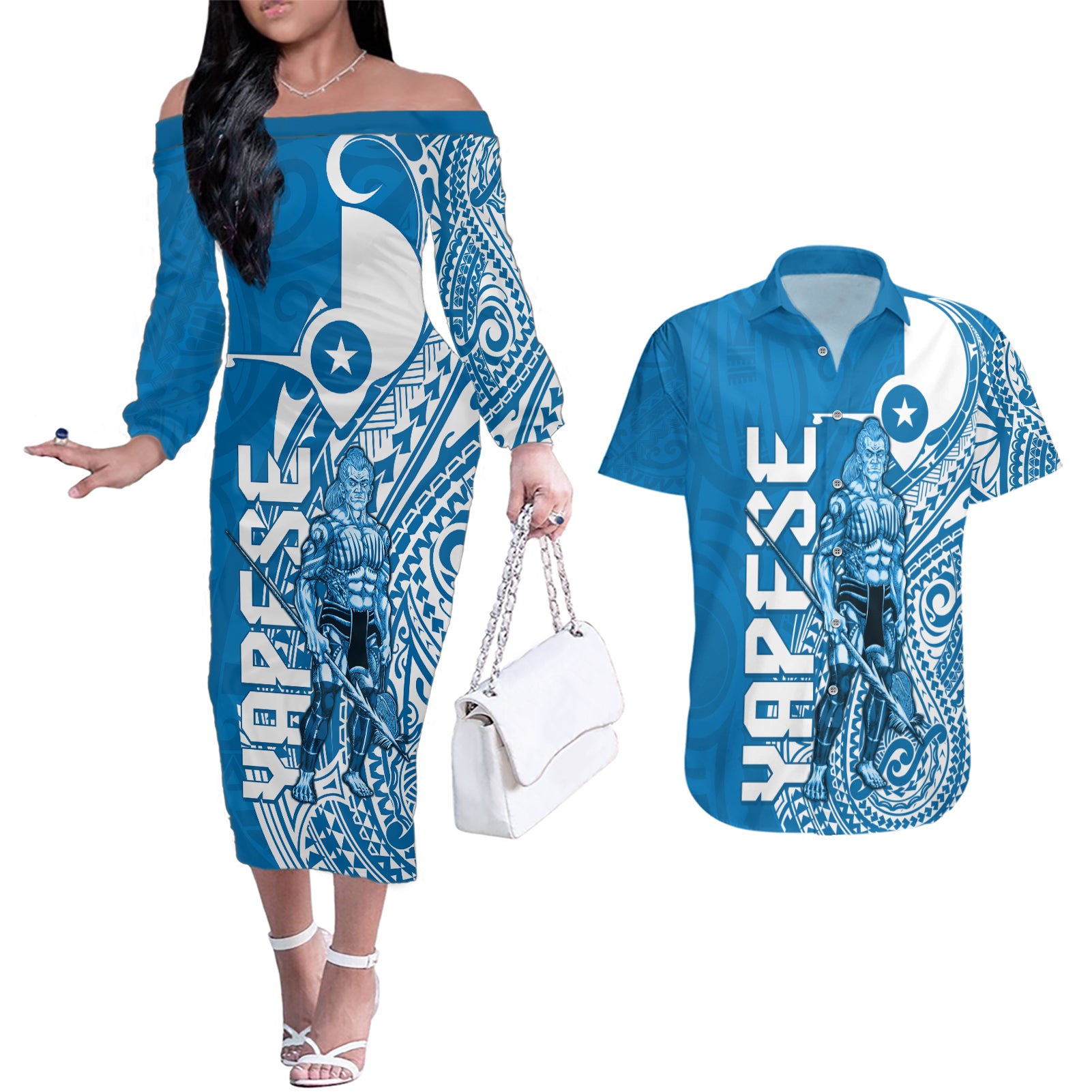 Yap Day 1 March Couples Matching Off The Shoulder Long Sleeve Dress and Hawaiian Shirt Micronesia Yapese Warrior LT9 Blue - Polynesian Pride