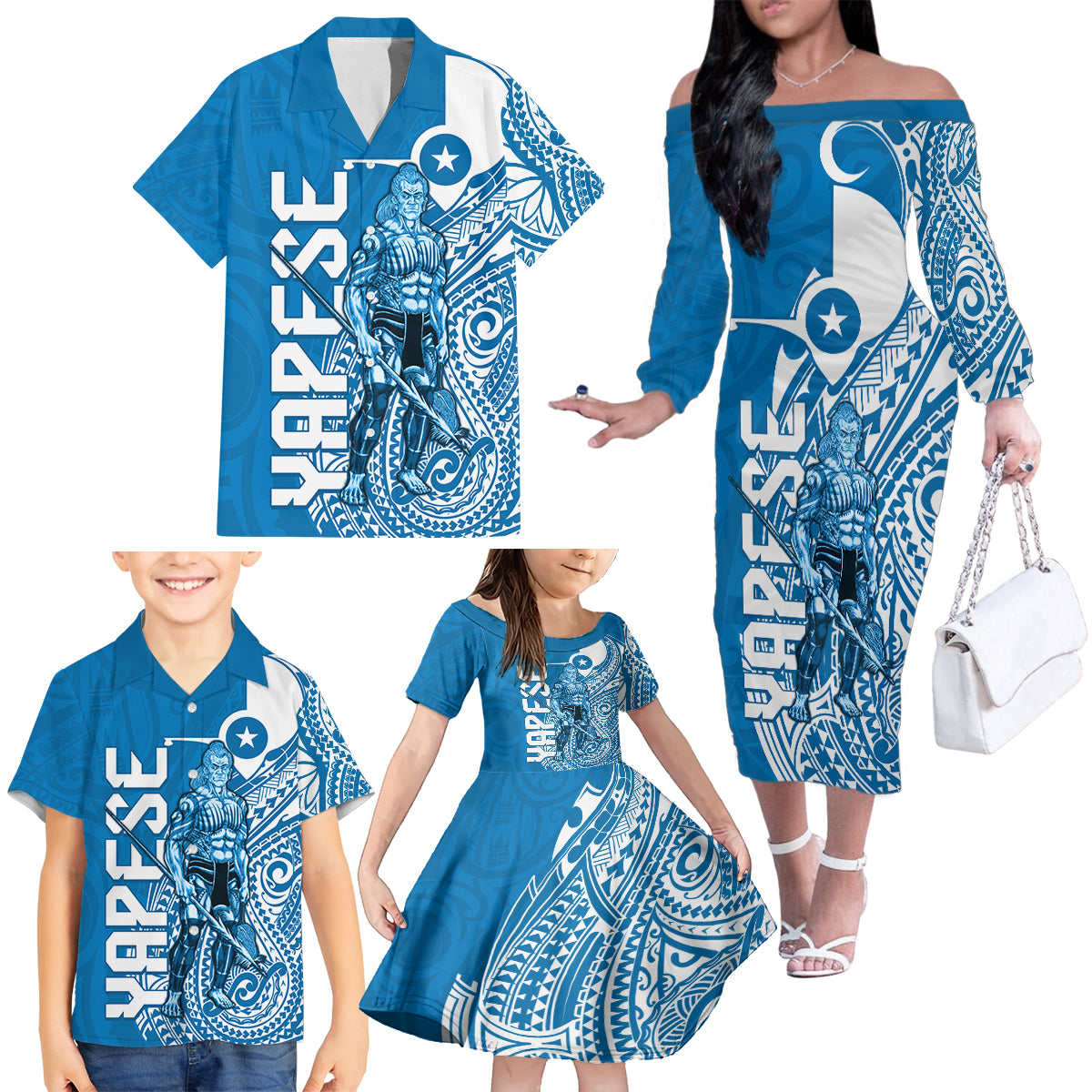 Yap Day 1 March Family Matching Off Shoulder Long Sleeve Dress and Hawaiian Shirt Micronesia Yapese Warrior LT9 - Polynesian Pride