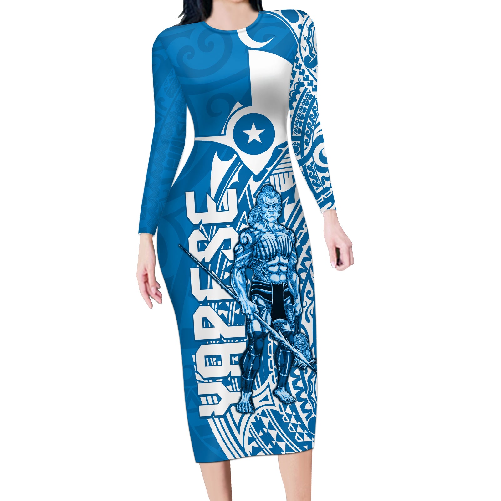 Yap Day 1 March Long Sleeve Bodycon Dress Micronesia Yapese Warrior LT9 Long Dress Blue - Polynesian Pride