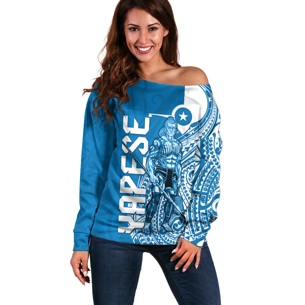 Yap Day 1 March Off Shoulder Sweater Micronesia Yapese Warrior LT9 Women Blue - Polynesian Pride