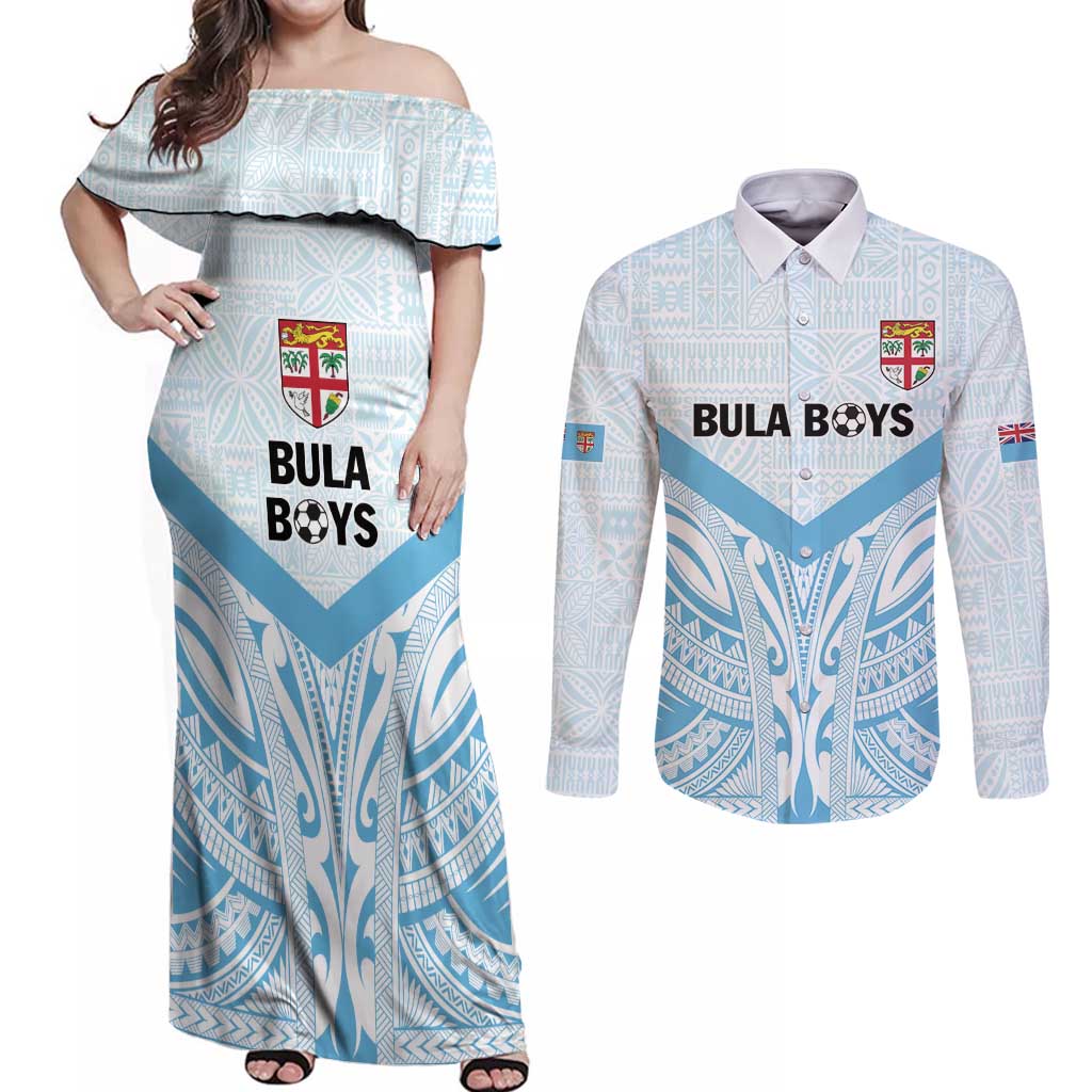 Fiji Football Custom Couples Matching Off Shoulder Maxi Dress and Long Sleeve Button Shirt Bula Boys Go Champions