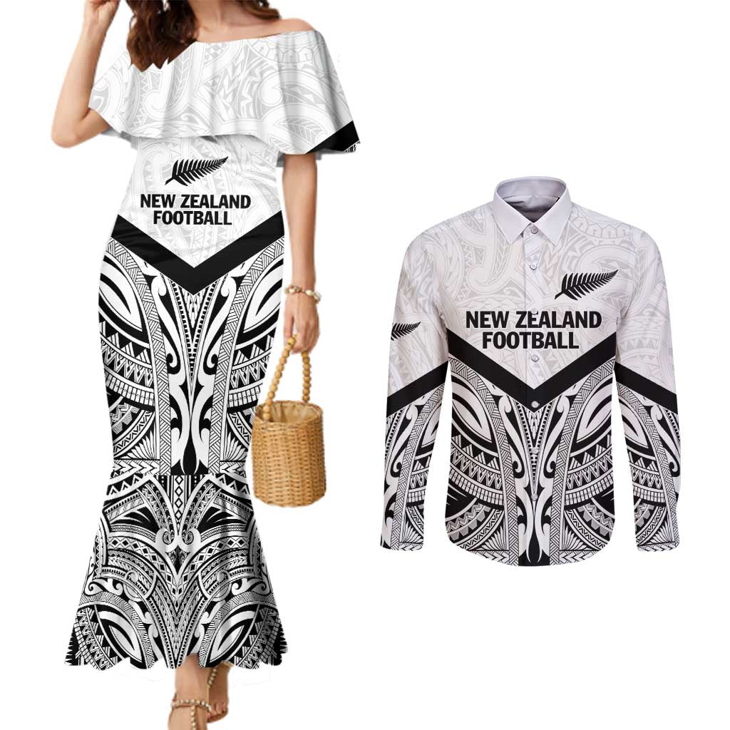 New Zealand Football Custom Couples Matching Mermaid Dress and Long Sleeve Button Shirt All White Fern Go Champions