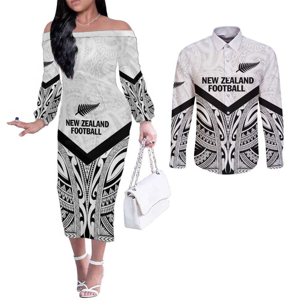New Zealand Football Custom Couples Matching Off The Shoulder Long Sleeve Dress and Long Sleeve Button Shirt All White Fern Go Champions