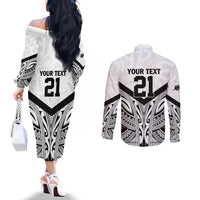 New Zealand Football Custom Couples Matching Off The Shoulder Long Sleeve Dress and Long Sleeve Button Shirt All White Fern Go Champions