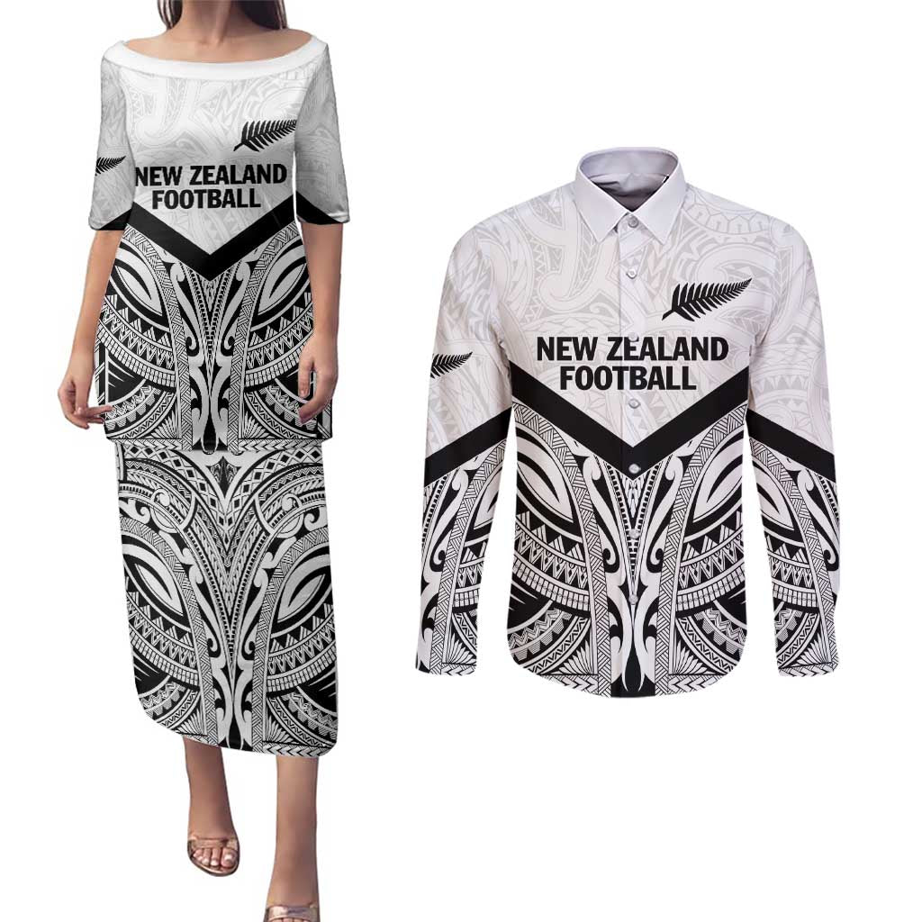 New Zealand Football Custom Couples Matching Puletasi and Long Sleeve Button Shirt All White Fern Go Champions