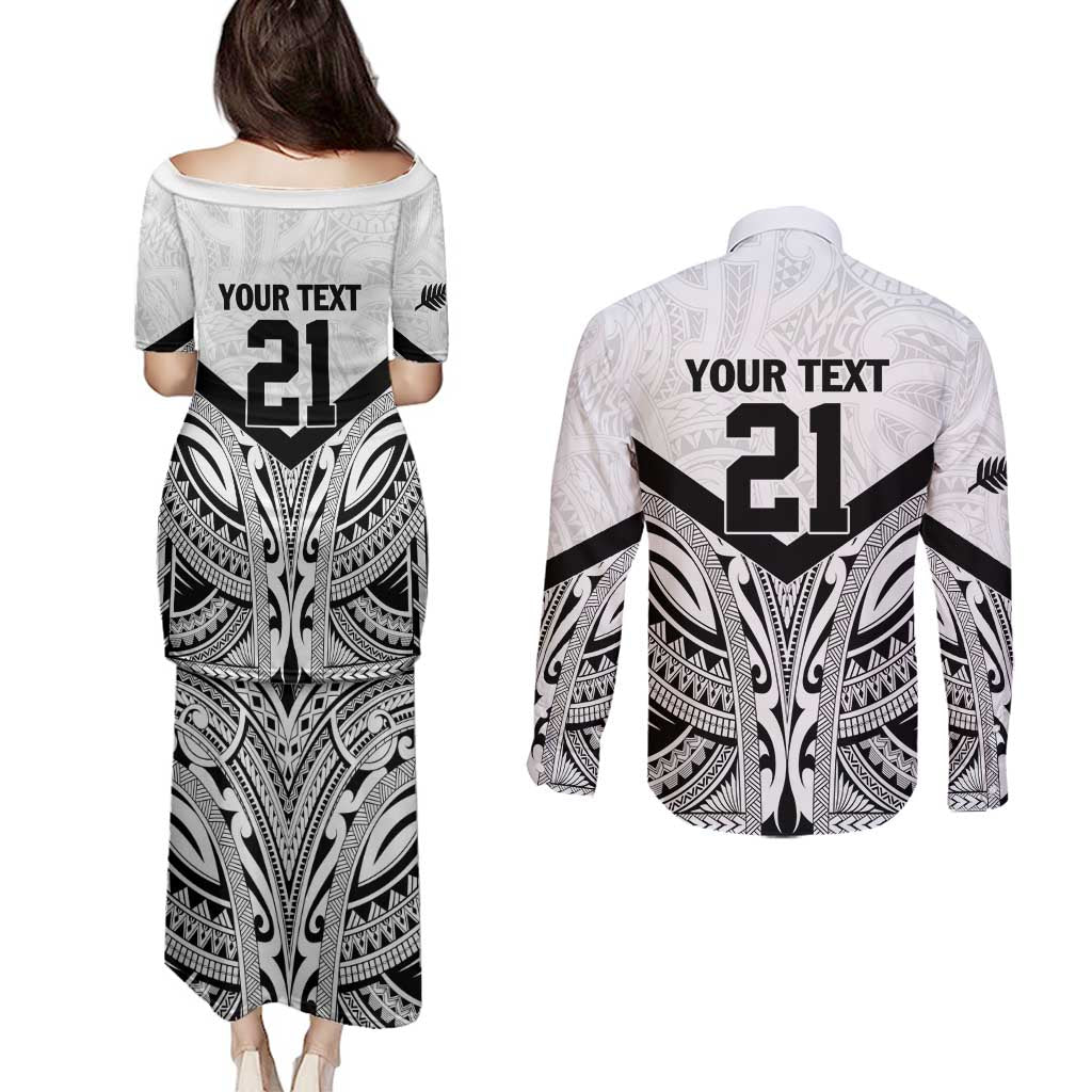 New Zealand Football Custom Couples Matching Puletasi and Long Sleeve Button Shirt All White Fern Go Champions