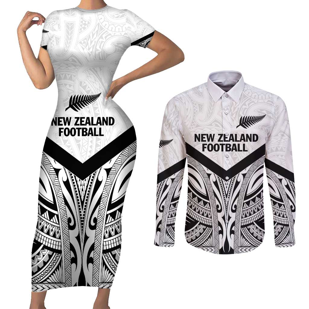 New Zealand Football Custom Couples Matching Short Sleeve Bodycon Dress and Long Sleeve Button Shirt All White Fern Go Champions