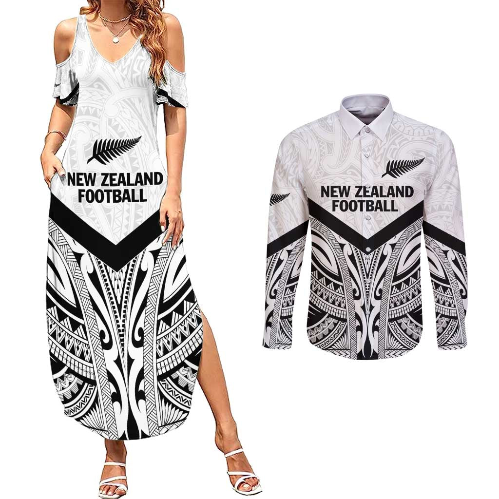 New Zealand Football Custom Couples Matching Summer Maxi Dress and Long Sleeve Button Shirt All White Fern Go Champions