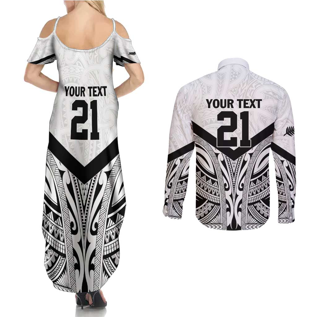 New Zealand Football Custom Couples Matching Summer Maxi Dress and Long Sleeve Button Shirt All White Fern Go Champions