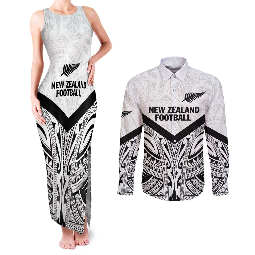 New Zealand Football Custom Couples Matching Tank Maxi Dress and Long Sleeve Button Shirt All White Fern Go Champions