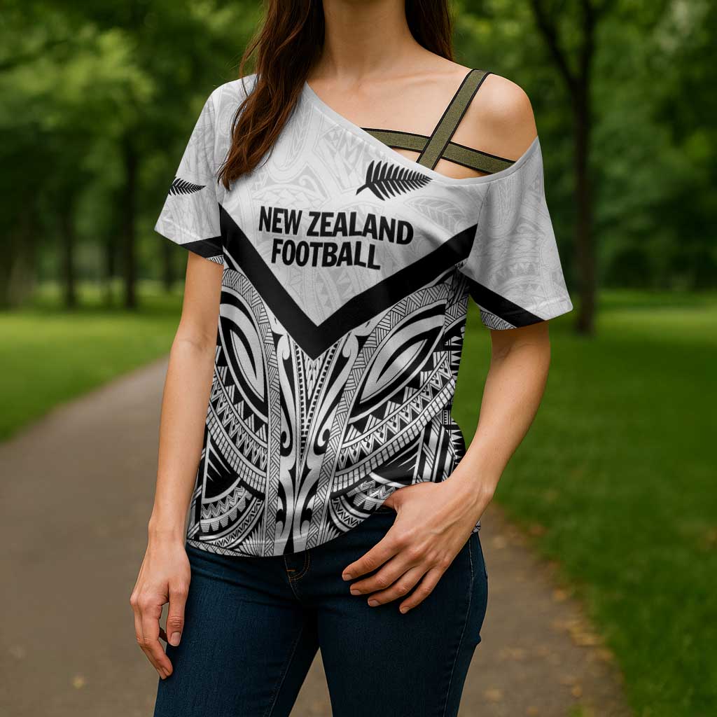 New Zealand Football Custom Cross Shoulder Shirt All White Fern Go Champions - Polynesian Pride