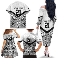 New Zealand Football Custom Family Matching Off The Shoulder Long Sleeve Dress and Hawaiian Shirt All White Fern Go Champions