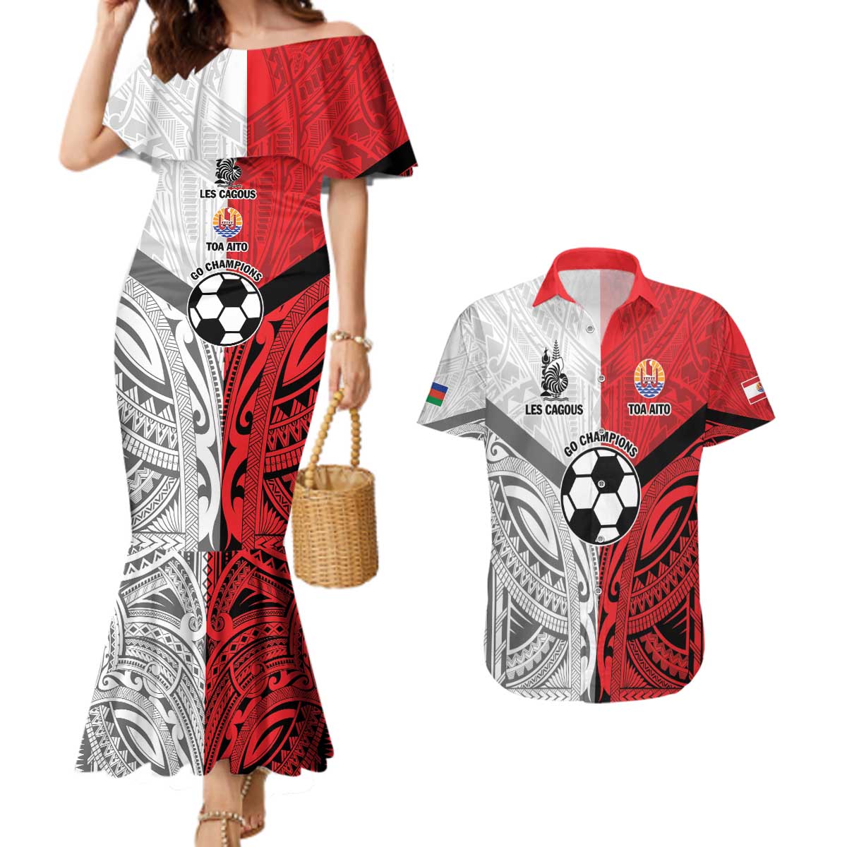 New Caledonia-Tahiti Football Custom Couples Matching Mermaid Dress and Hawaiian Shirt Together Go Champions