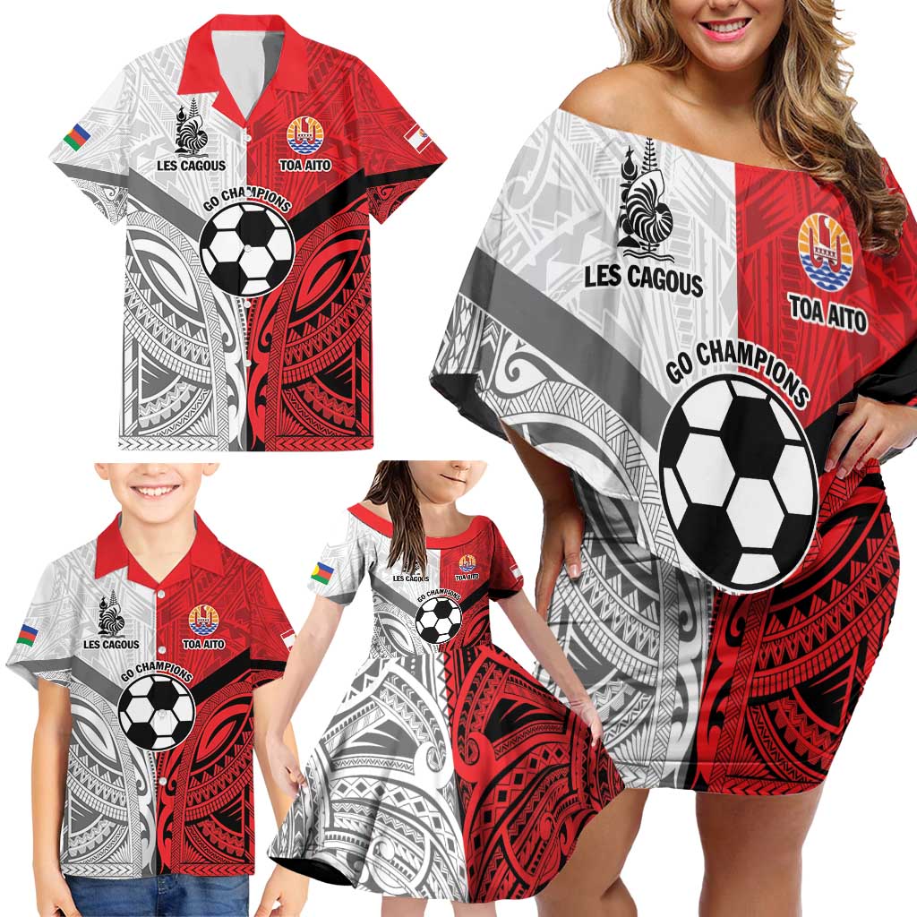 New Caledonia-Tahiti Football Custom Family Matching Off Shoulder Short Dress and Hawaiian Shirt Together Go Champions