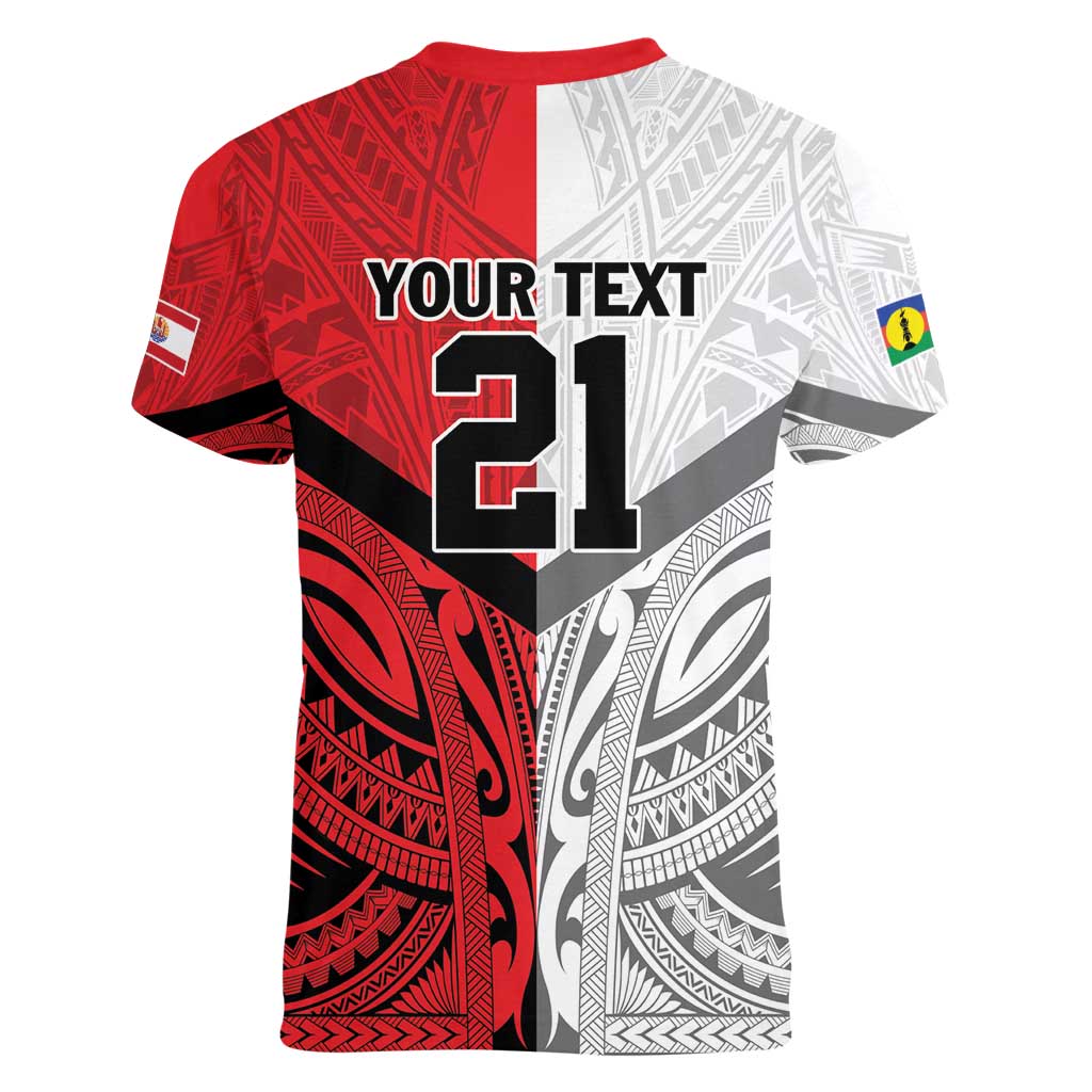 New Caledonia-Tahiti Football Custom Women V-Neck T-Shirt Together Go Champions