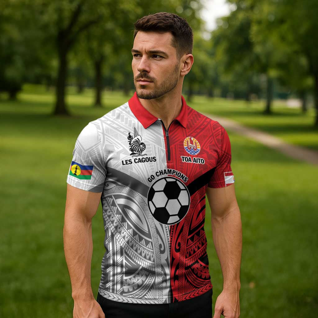 New Caledonia-Tahiti Football Custom Zipper Polo Shirt Together Go Champions - Polynesian Pride