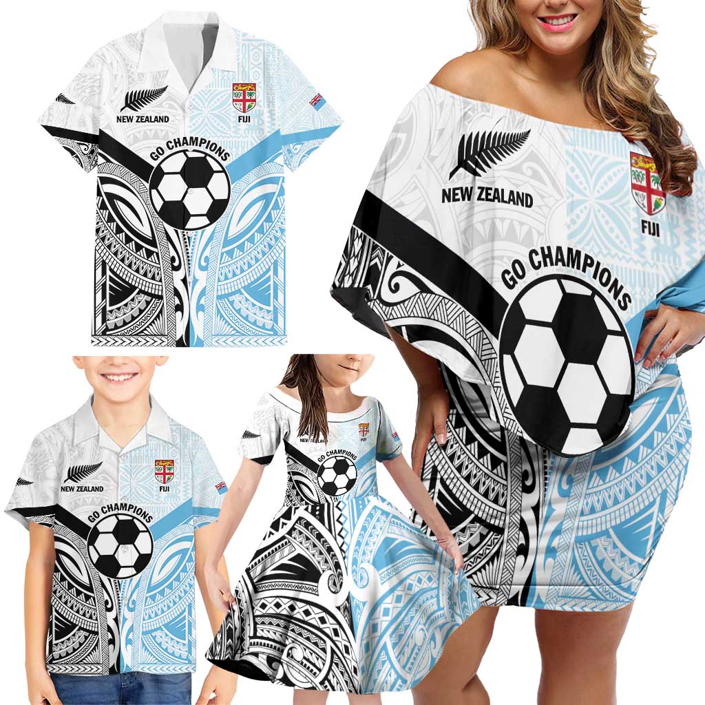 New Zealand-Fiji Football Custom Family Matching Off Shoulder Short Dress and Hawaiian Shirt Together Go Champions