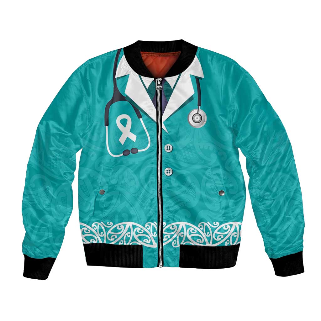 New Zealand Nurses Week Bomber Jacket Maori Kowhaiwhai Cyan Tribal LT9 Unisex Cyan - Polynesian Pride