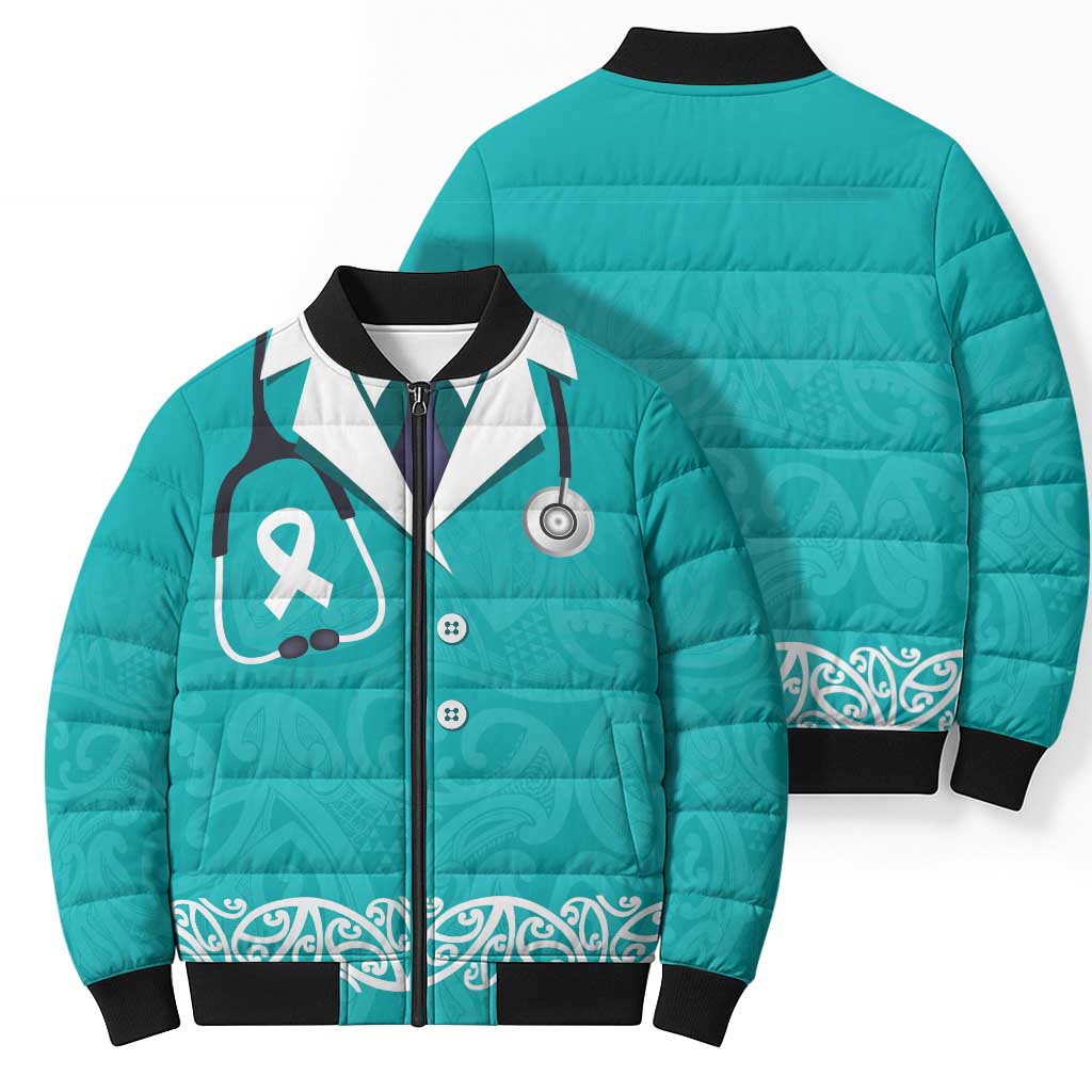 New Zealand Nurses Week Bomber Puffer Jacket Maori Kowhaiwhai Cyan Tribal LT9 - Polynesian Pride