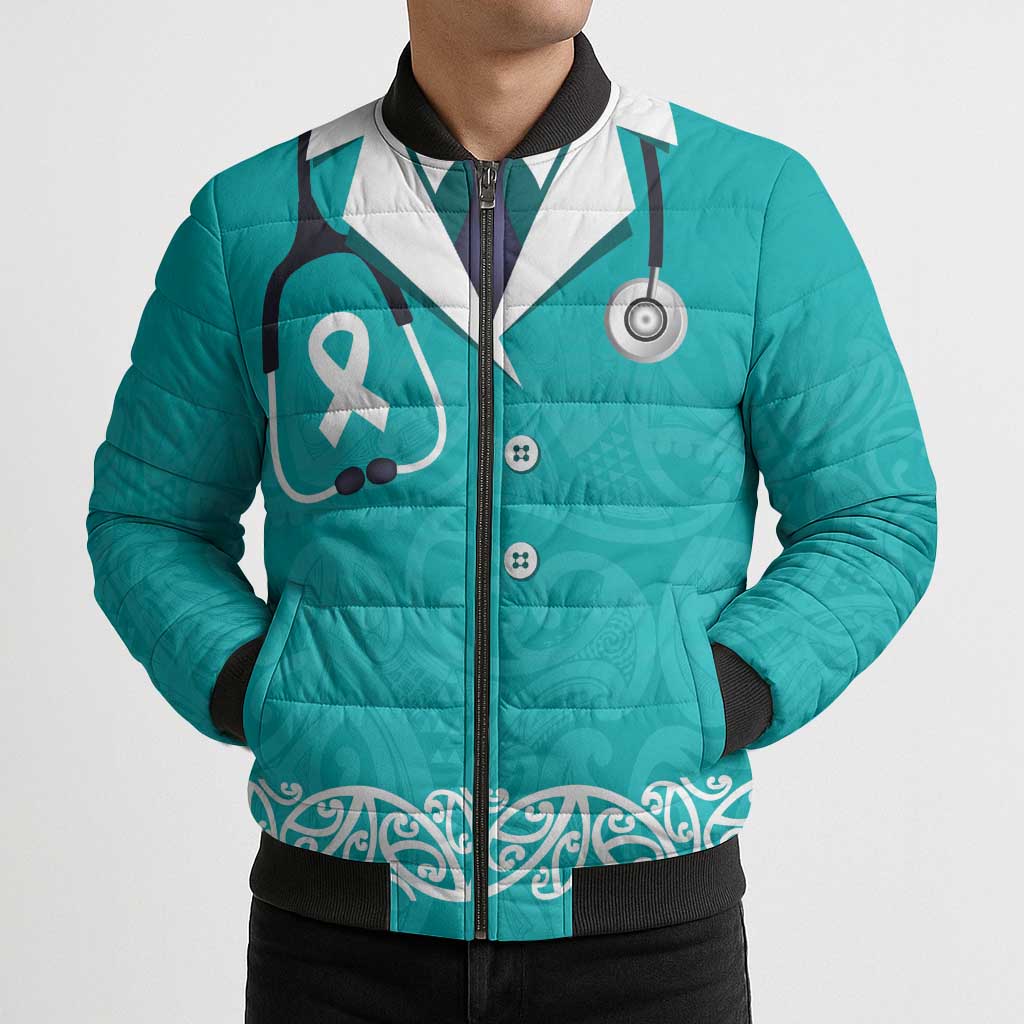 New Zealand Nurses Week Bomber Puffer Jacket Maori Kowhaiwhai Cyan Tribal LT9 - Polynesian Pride