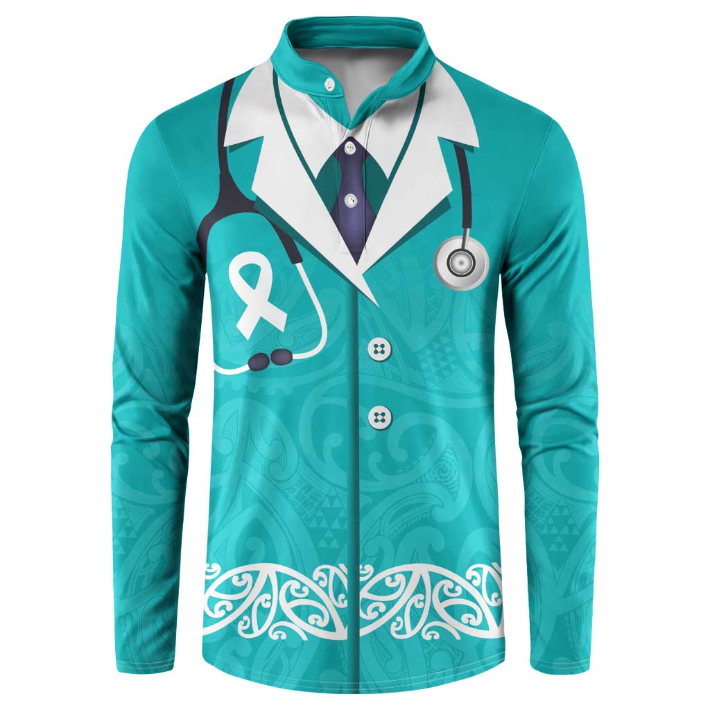 New Zealand Nurses Week Button Sweatshirt Maori Kowhaiwhai Cyan Tribal LT9 Cyan - Polynesian Pride