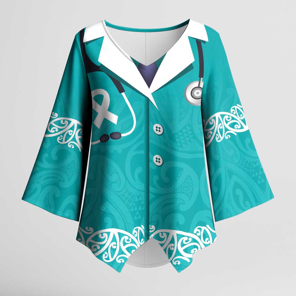 New Zealand Nurses Week Kimono Sleeve Blouse Maori Kowhaiwhai Cyan Tribal LT9 Female Cyan - Polynesian Pride