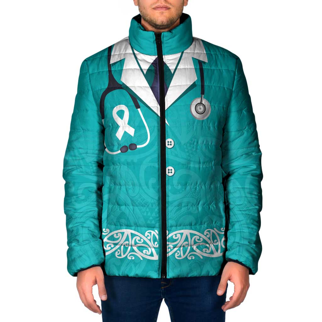 New Zealand Nurses Week Padded Jacket Maori Kowhaiwhai Cyan Tribal LT9 Men Cyan - Polynesian Pride