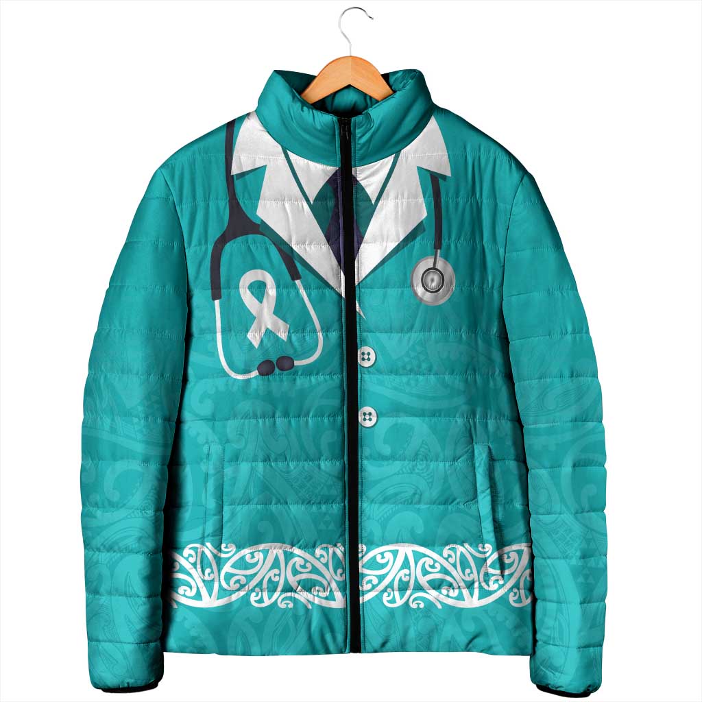 New Zealand Nurses Week Padded Jacket Maori Kowhaiwhai Cyan Tribal LT9 - Polynesian Pride