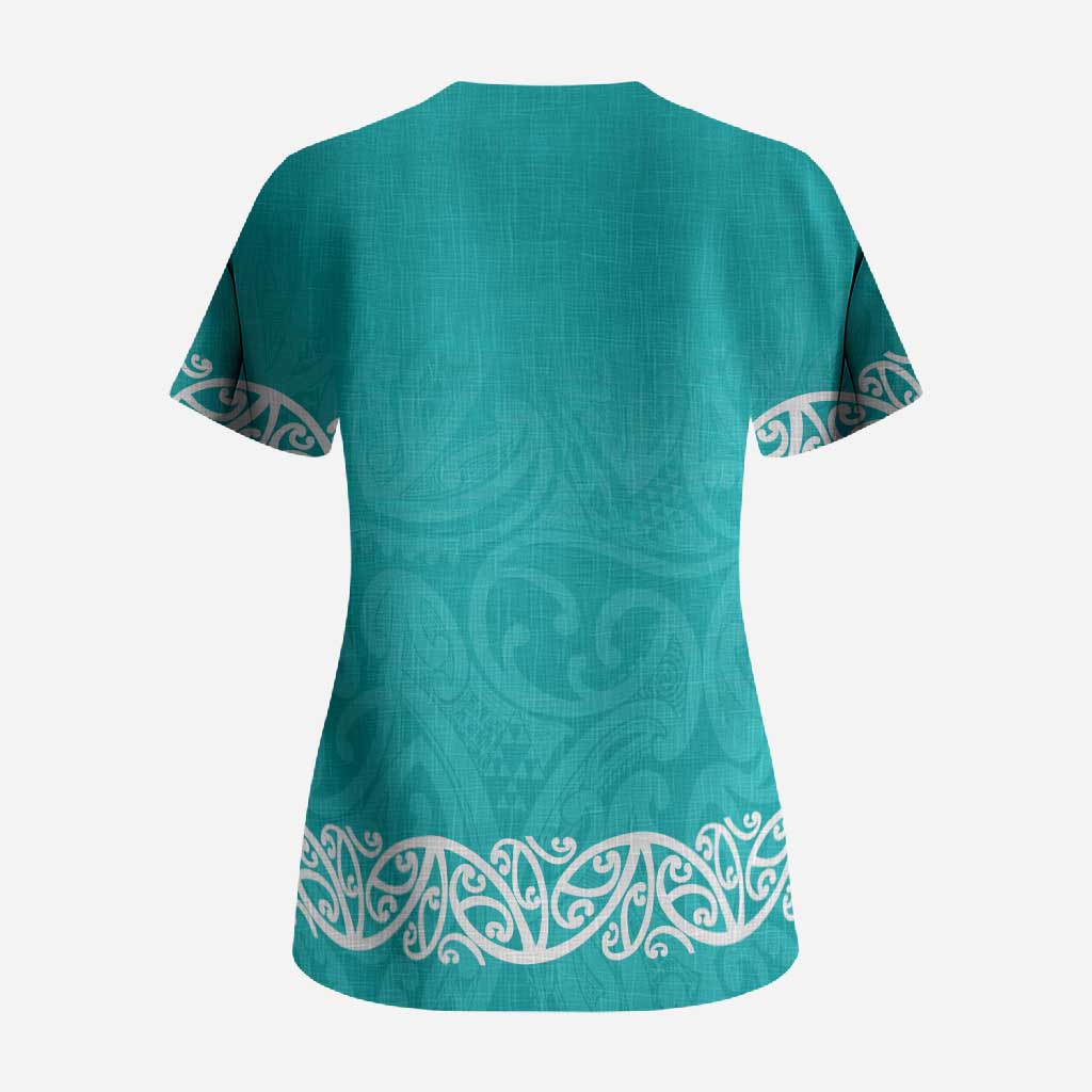 New Zealand Nurses Week Scrub Top Maori Kowhaiwhai Cyan Tribal