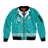 New Zealand Nurses Week Sleeve Zip Bomber Jacket Maori Kowhaiwhai Cyan Tribal LT9 Unisex Cyan - Polynesian Pride