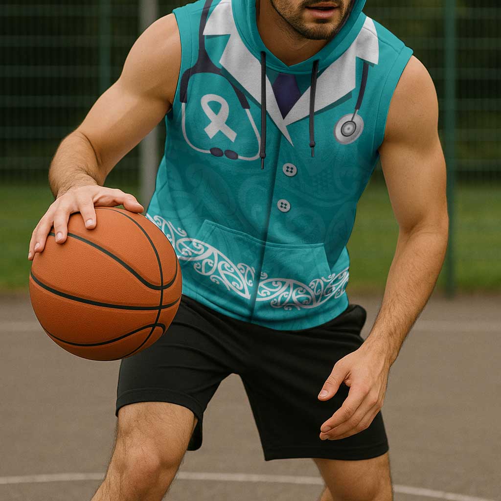 New Zealand Nurses Week Sleeveless Hoodie Maori Kowhaiwhai Cyan Tribal