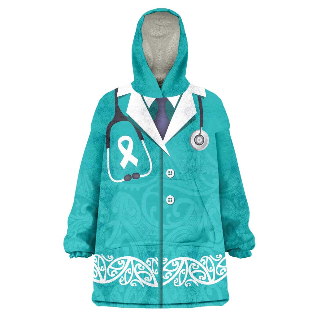 New Zealand Nurses Week Wearable Blanket Hoodie Maori Kowhaiwhai Cyan Tribal LT9 One Size Cyan - Polynesian Pride